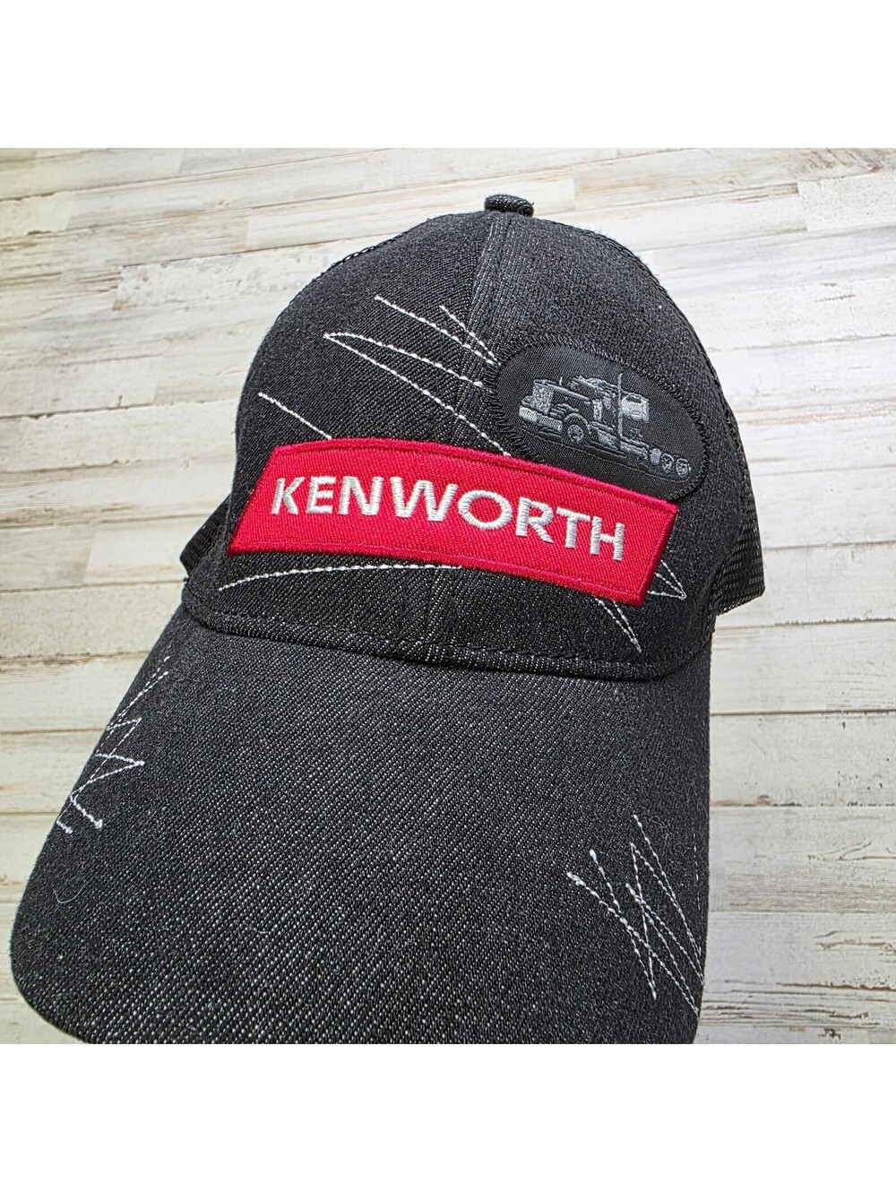 Kenworth Black Mesh Trucker Hat Adjustable Cap Red Logo Truck Patch Embroidered